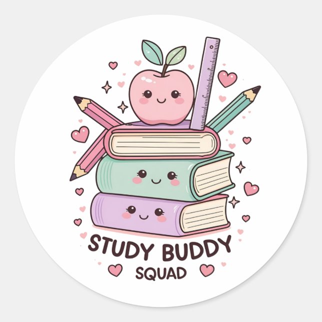 Pegatina Redonda Estudio Kawaii Material Escolar Buddy Squad (Anverso)