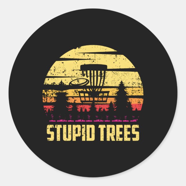 Pegatina Redonda Estúpido árbol disco golf Frisbee Golf Humor (Anverso)