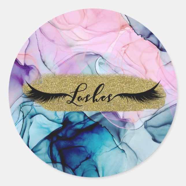 Pegatina Redonda Etéreo Verde azulado Púrpura Inky Glam Modern Lash (Anverso)
