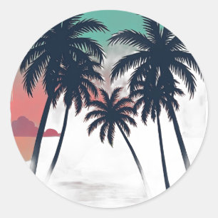 Pegatina Redonda Eterno Verano Vaporwave Atardecer Tropical Palma R