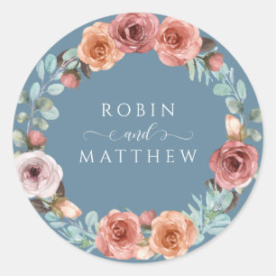 Pegatina Redonda Ethereal Dusty Blue, Boda floral Rubor Peach