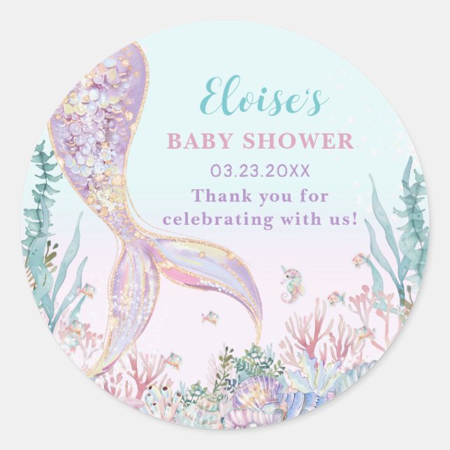 Pegatina Redonda Ethereal Mermaid Under Sea Baby Shower (Anverso)