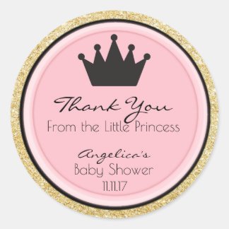 Pegatina Redonda Etiquetas Baby Shower de Princesa de Oro Rosa pers