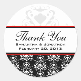 Pegatina Redonda Etiquetas de bodas de acento rojo negro y blanco D