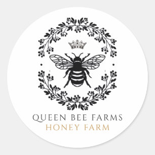 Pegatina Redonda Etiquetas de producto Queen Honey Bee Black White