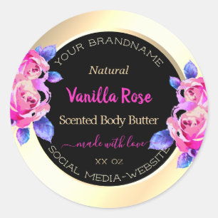 Pegatina Redonda Etiquetas de productos Floral Púrpura Negra y Oro