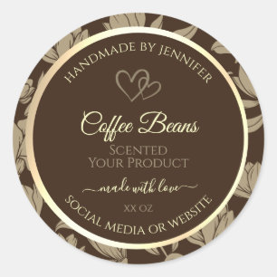 Pegatina Redonda Etiquetas de productos florales marrones y dorados