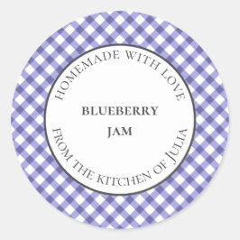 Pegatina Redonda Etiquetas de tarro de gingham azul para regalos ca