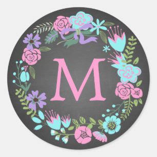 PEGATINA REDONDA ETIQUETAS MONOGRAMAS FLORALES DE CHALKBOARD