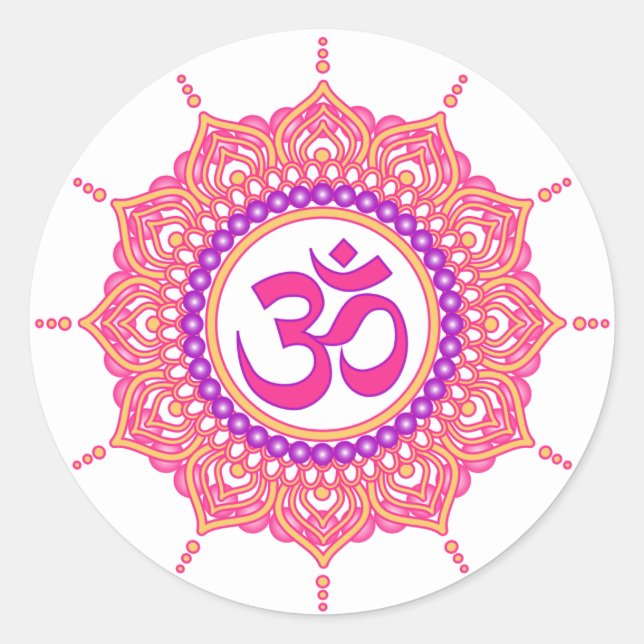 Pegatina Redonda etiquetas rosa om mandala (Anverso)