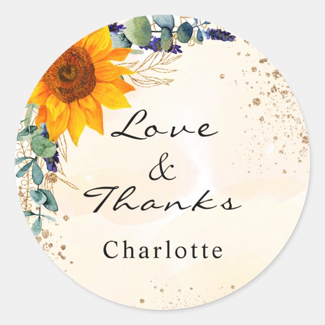 Pegatina Redonda Eucalipto de girasol purpurina monograma de polvo  (Anverso)