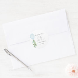 Pegatina Redonda Eucalipto de Globo Azul para Baby Shower