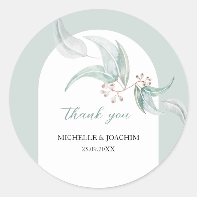 Pegatina Redonda Eucalipto Elegante Con Flores Acuarela (Anverso)
