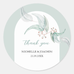 Pegatina Redonda Eucalipto Elegante Con Flores Acuarela