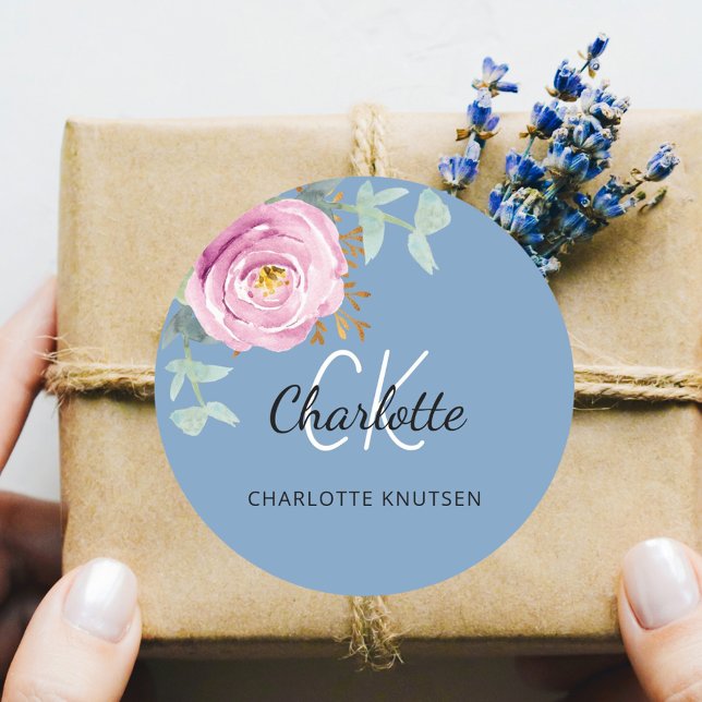 Pegatina Redonda Eucalipto floral azul turbio rosa (Subido por el creador)