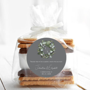 Pegatina Redonda Eucalipto moderno Monograma Gris Wreath