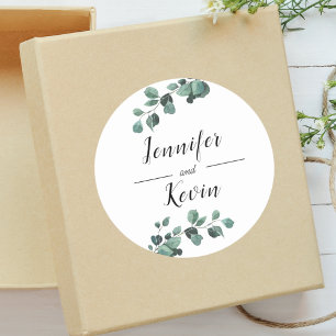 Pegatina Redonda Eucalipto Moderno Verde Personalizado para Boda