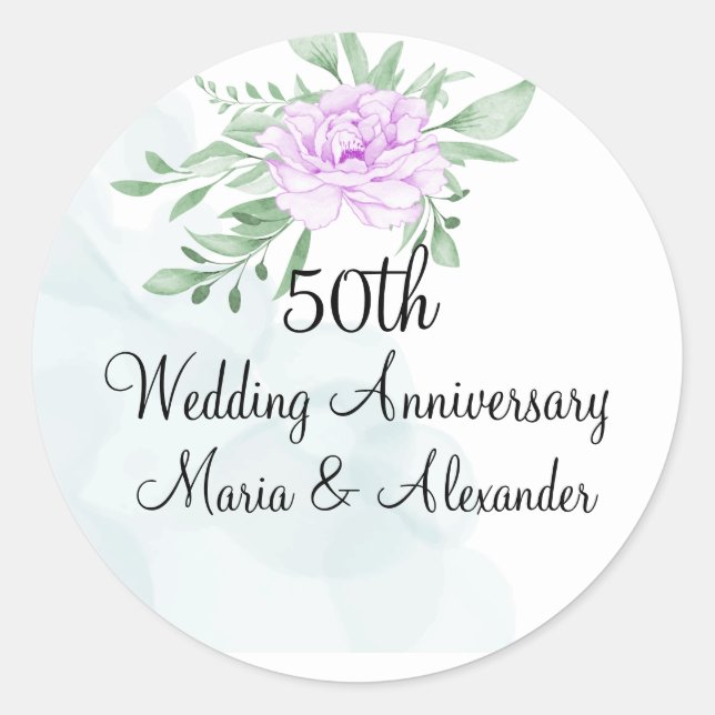 Pegatina Redonda Eucalipto Rosa púrpura deja 50 años (Anverso)