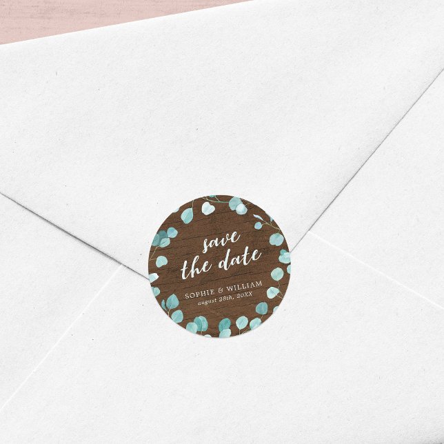 Pegatina Redonda Eucalipto Rústico y Madera Marrón Salva la Fecha (Subido por el creador)