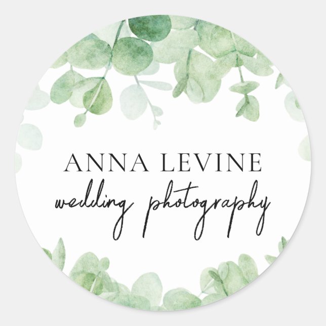 Pegatina Redonda Eucalipto verde deja nombre de negocio de frontera (Anverso)