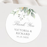 Pegatina Redonda Eucalipto Verde Dorado Hojas Elegantes Gracias<br><div class="desc">Hermosos stickers de agradecimiento con eucalipto acuarela y hojas doradas.</div>