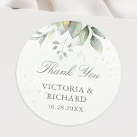 Pegatina Redonda Eucalipto Verde Dorado Hojas Elegantes Gracias<br><div class="desc">Hermosos stickers de agradecimiento con eucalipto en acuarela y hojas doradas.</div>