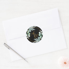 Pegatina Redonda Eucalipto y oro en boda personalizada negra