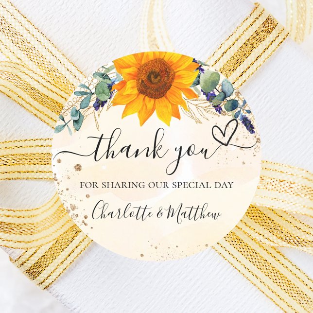 Pegatina Redonda Eucaliptos de girasol purpurina gracias boda (Subido por el creador)