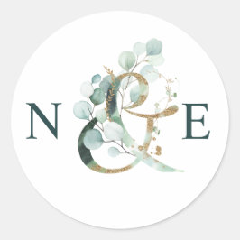Pegatina Redonda Eucalyptus Ampersand Gold Green Boda