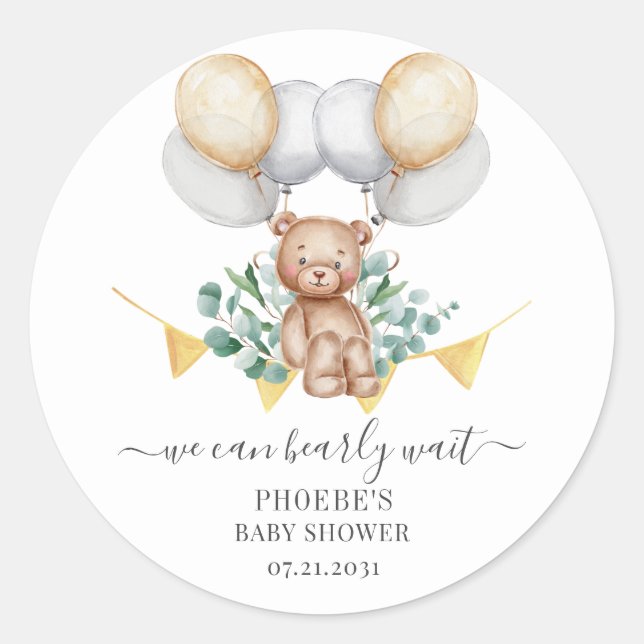 Pegatina Redonda Eucalyptus Baby Shower Bearly Wait Bear & Balloons (Anverso)