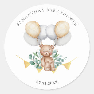 Pegatina Redonda Eucalyptus Bear & Balloons Baby Shower