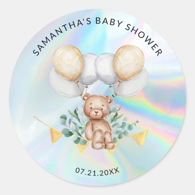 Pegatina Redonda Eucalyptus Bear Balloons Holographic Baby Shower (Anverso)