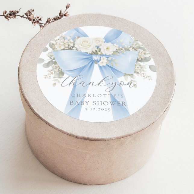 Pegatina Redonda Eucalyptus Blue Bow Baby Shower Thank you (Subido por el creador)
