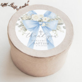 Pegatina Redonda Eucalyptus Blue Bow Baptism Thank you
