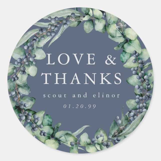 Pegatina Redonda Eucalyptus Botanical Wedding Favor (Anverso)