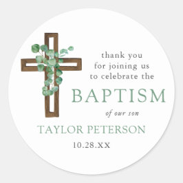 Pegatina Redonda Eucalyptus Cross Modern Baptism Gracias A Favor