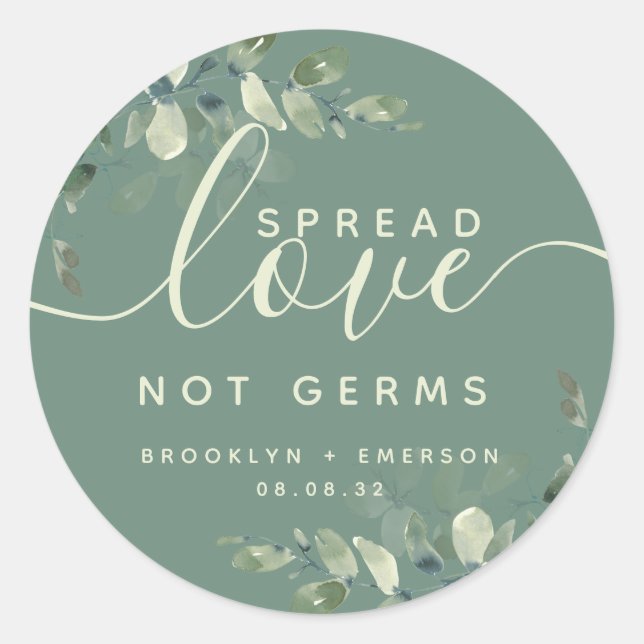 Pegatina Redonda Eucalyptus Difunde Amor No Gérmenes Mano Sanitizer (Anverso)