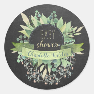 Pegatina Redonda Eucalyptus Floral Vines Baby Shower Chalkboard Cla