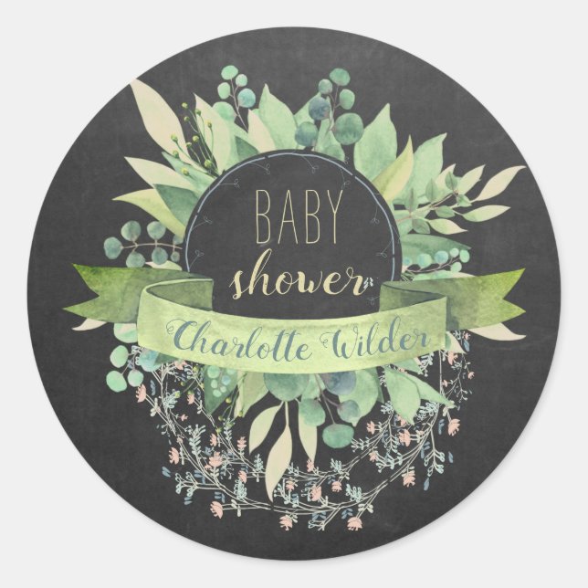 Pegatina Redonda Eucalyptus Floral Vines Baby Shower Chalkboard Cla (Anverso)