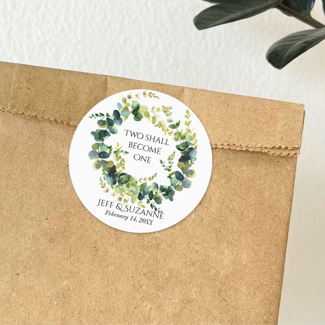 Pegatina Redonda Eucalyptus Floral Wreath Dos Se Convierte En Un Bo (Eucalyptus Floral Wreath Two Become One Wedding Classic Round Sticker)