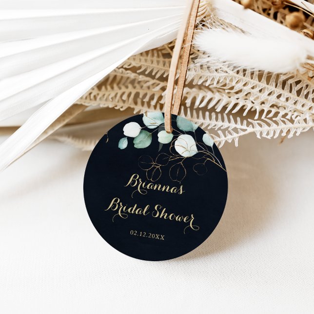 Pegatina Redonda Eucalyptus Gold Floral Blue Bridal Shower Favor (Subido por el creador)