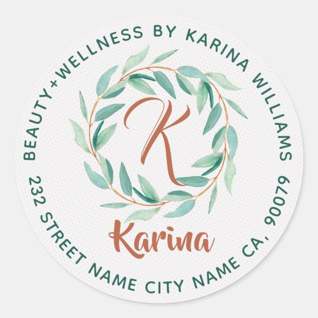 Pegatina Redonda Eucalyptus Green Leafs Wreath Beauty & Wellness (Anverso)