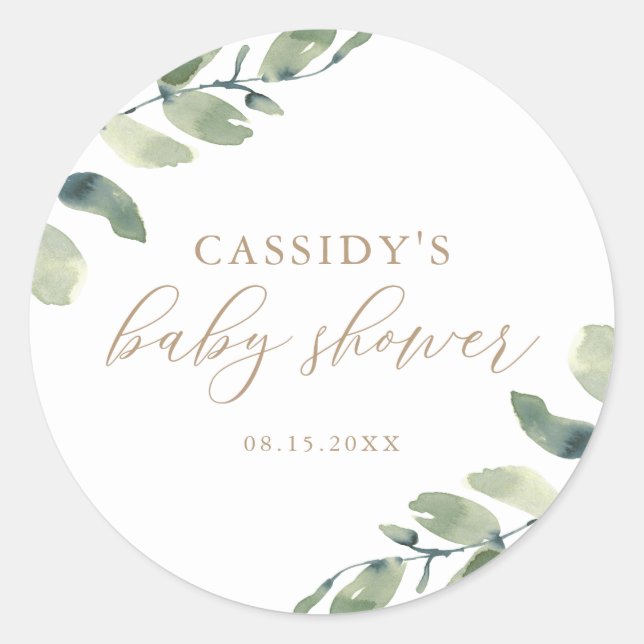 Pegatina Redonda Eucalyptus Greenery Baby Shower Classic Round Stic (Anverso)