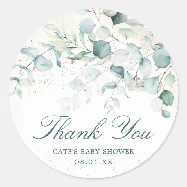Pegatina Redonda Eucalyptus Greenery Baby Shower Gracias (Anverso)