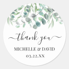 Pegatina Redonda Eucalyptus Greenery Boda Gracias Script De Nombre