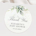 Pegatina Redonda Eucalyptus Greenery deja Baby Shower Gracias<br><div class="desc">Hermosos pegatinas de Gracias con eucalipto acuarela y hojas de oro para duchas de bebé.</div>