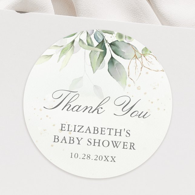 Pegatina Redonda Eucalyptus Greenery deja Baby Shower Gracias (This watercolor eucalyptus sticker is a beautiful way to say thank you for your baby shower gifts.)
