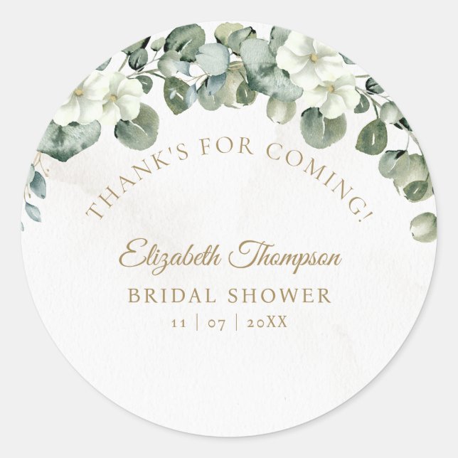 Pegatina Redonda Eucalyptus Greenery Elegant Bridal Shower (Anverso)
