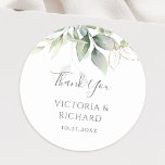 Pegatina Redonda Eucalyptus Greenery Gold deja una elegante boda<br><div class="desc">Hermoso boda Gracias pegatinas con eucalipto acuarela y hojas de oro.</div>