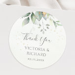 Pegatina Redonda Eucalyptus Greenery Gold Leaves Boda Gracias<br><div class="desc">Hermoso boda Gracias pegatinas con eucalipto acuarela y hojas de oro.</div>